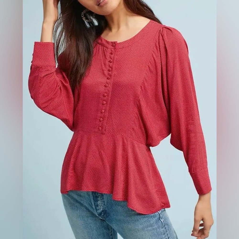 ANTHROPOLOGIE Maeve Chatham Red White Polka Dot Blouse Size Large Petite